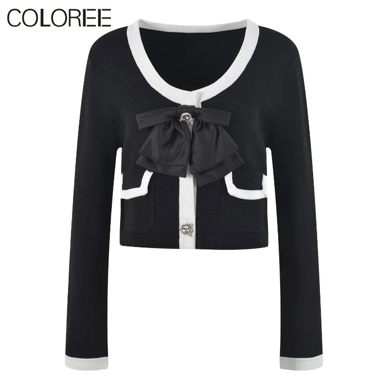 

Женский трикотажный кардиган с круглым вырезом, элегантный черный кардиган с длинным рукавом и бантом в Корейском стиле, осень 2023