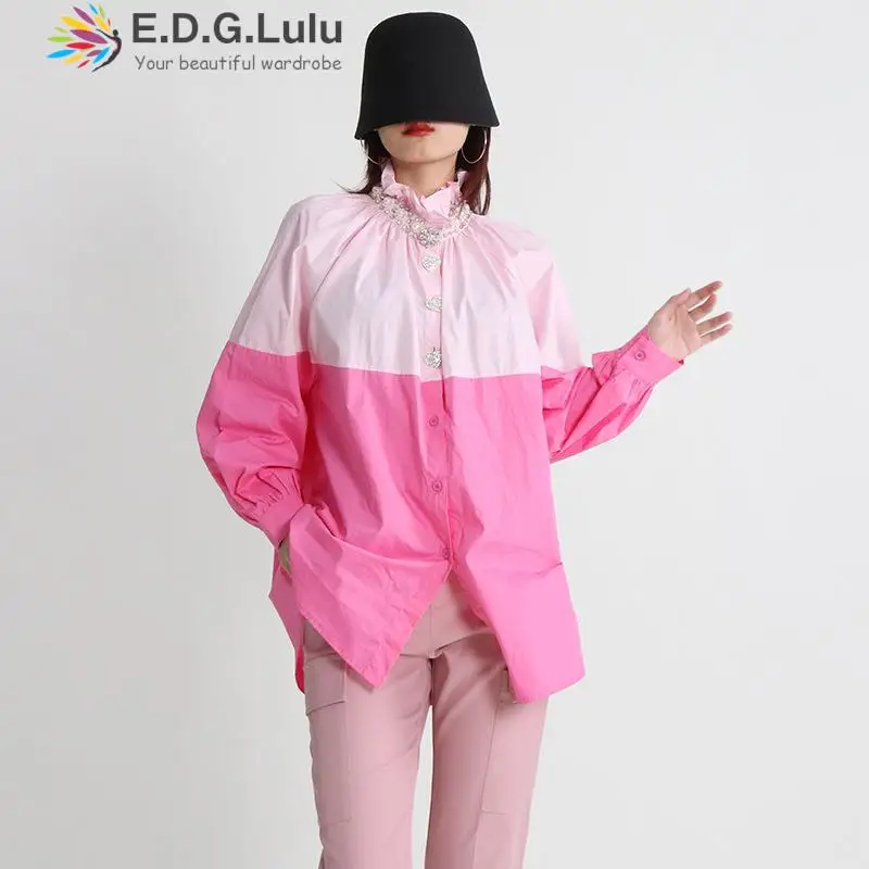 

EDGLuLu Women's New 2022 Design Stand Collar Agaric Edge Single Row Heart Button Contrast Shirt Tops Loose Fashion Blouse 1004