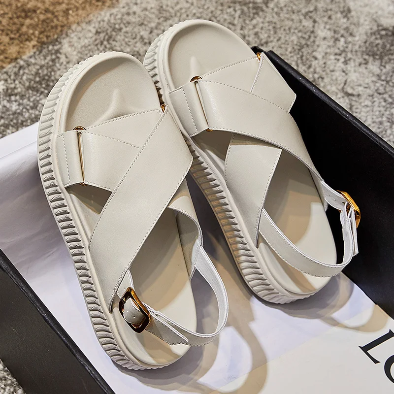LSXJK Sandals Woman Summer 2022 New Solid Color Sports Platform Sandals High Quality Women Shoes Fashion Genuine Leather Casual