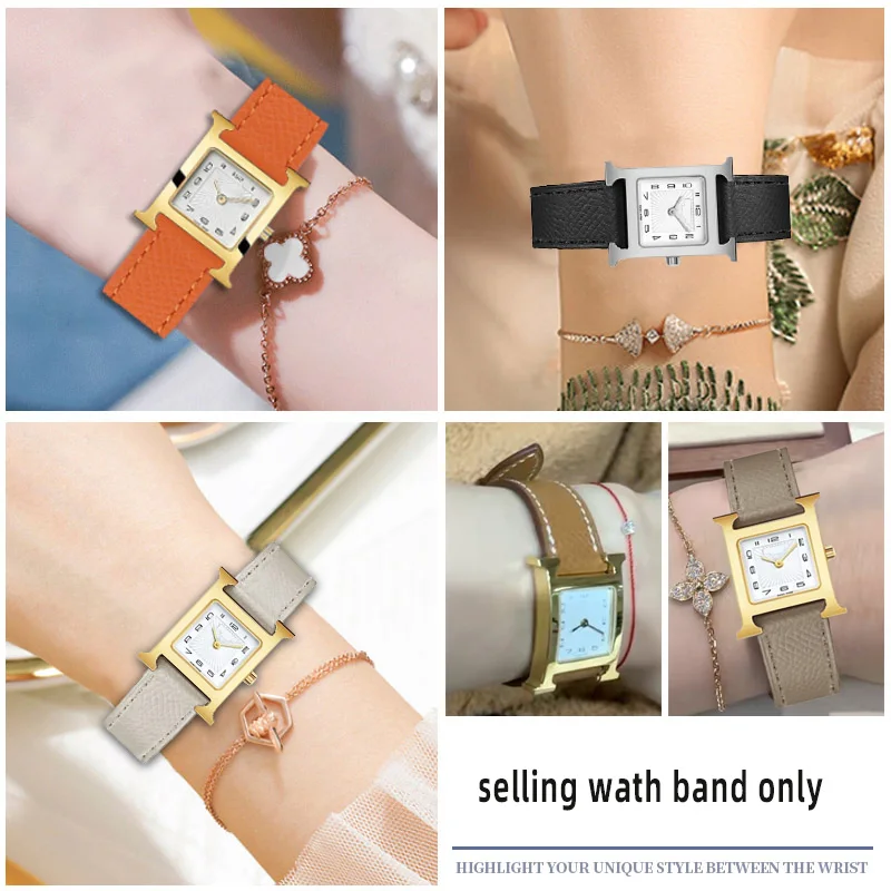 Handmade Pebbled Leather Watchband 14mm 16mm 18mm Black Gray Leather Strap H Buckle Watch Band women's Watch Accessories