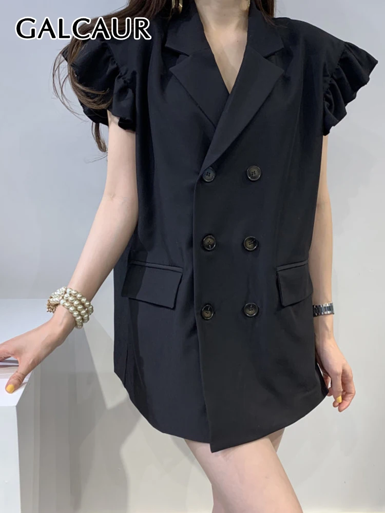 

GALCAUR Solid Waistcoats For Women Notched Collar Flying Sleeve Double Breasted Folds Loose Casual Straight Waistcoat Female New