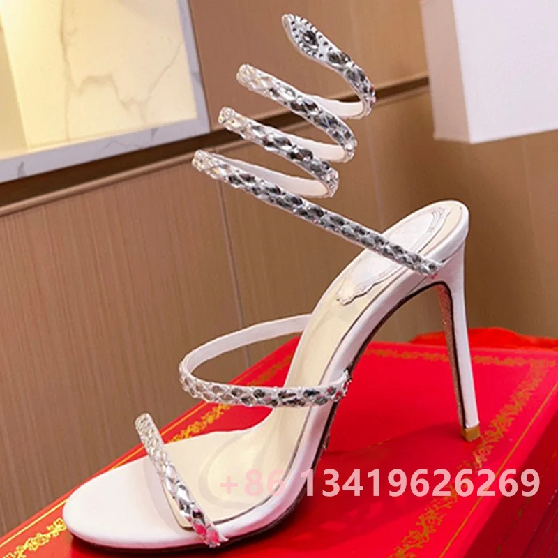 Women Summer Snake Wrapped High Heel Sandals Women Crystal Sexy Open Toe Stilettos Female Designer Wedding Party Dress Shoes