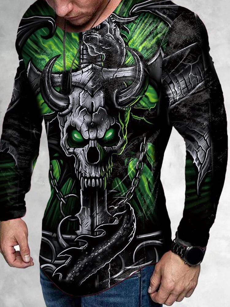 

2022 Summer Loose Soft Crew Neck T-shirts for Man Long Sleeve T-shirt Personality 3D Skull Painting Black Oversize Cut T-shirt