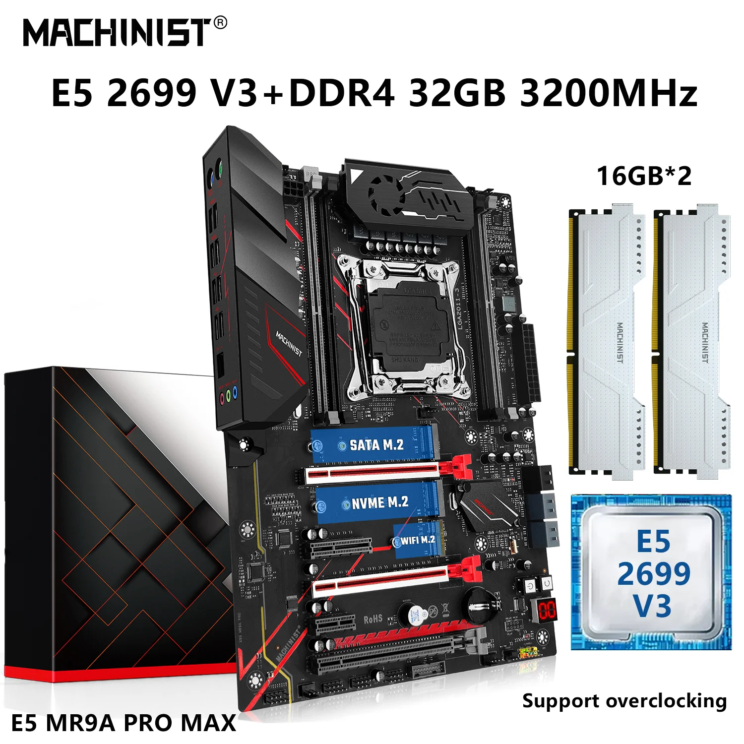 

MACHINIST MR9A PRO MAX материнская плата LGA 2011-3 комплект Xeon E5 2699 V3 процессор 32 ГБ = 16 ГБ * 2 DDR4 ОЗУ 3200 МГц комплект NVME M.2 SATA3