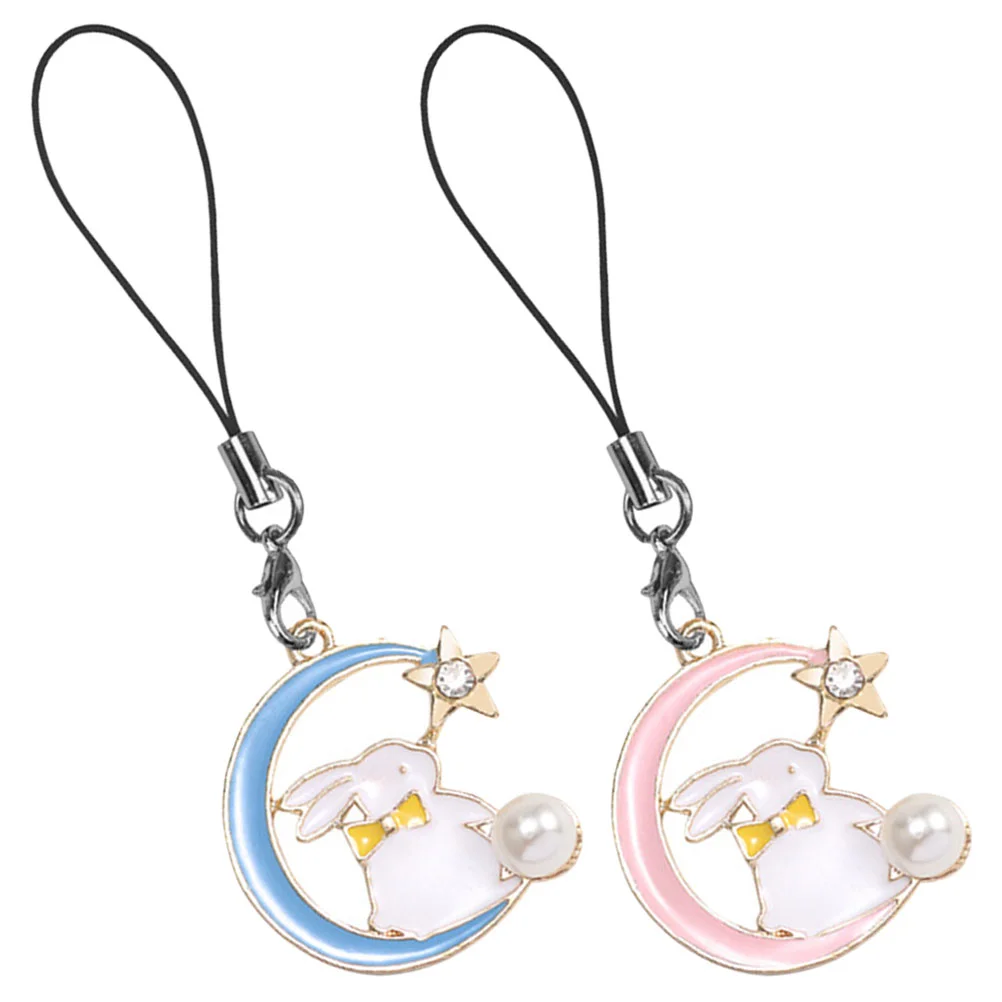 2 Pcs Key Chain Mobile Phone Cellphone Lanyard Strap Moon Star Bunny Charm Smartphones Alloy Student Lovers