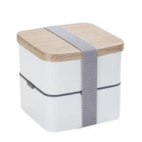 japanese style double layer strapped bento box wood grain square lunch box large capacity can be microwaved
