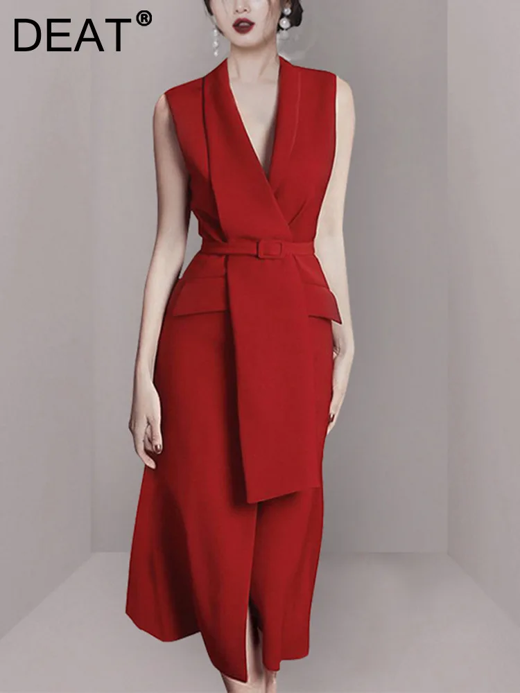 Женское платье на завязках DEAT красное без рукавов с V-образным вырезом и разрезом