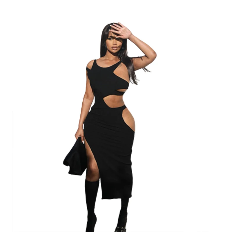 

Женское платье-пуловер средней длины, однотонное ажурное платье из полиэстера с запахом и разрезом на бедрах, без рукавов, с высокой талией