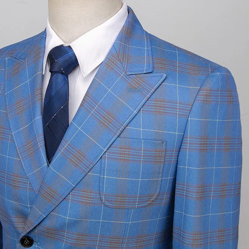5XL Blazer Vest Pants Luxury High-end Brand Men's Slim Formal Business Blue Plaid Suit 3piece Groom Wedding Dress Party Tuxedo images - 6