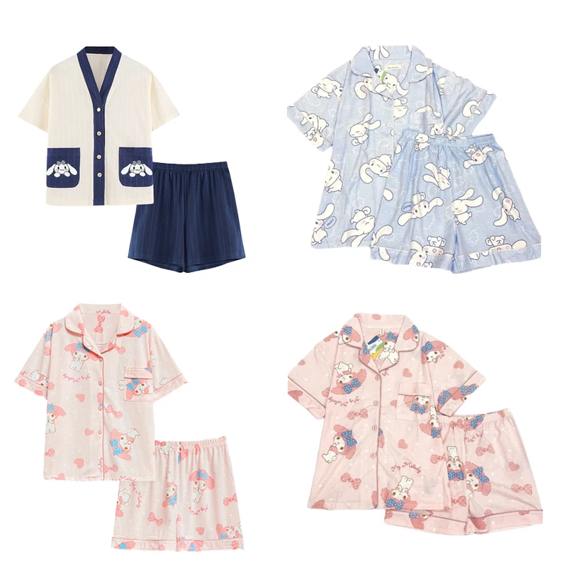 

4Style Cartoon Kawaii Cinnamoroll My Melody Cute Anime Cotton Summer Short Sleeve Shorts Girl Pajamas Suit Leisure Wear Kid Gift