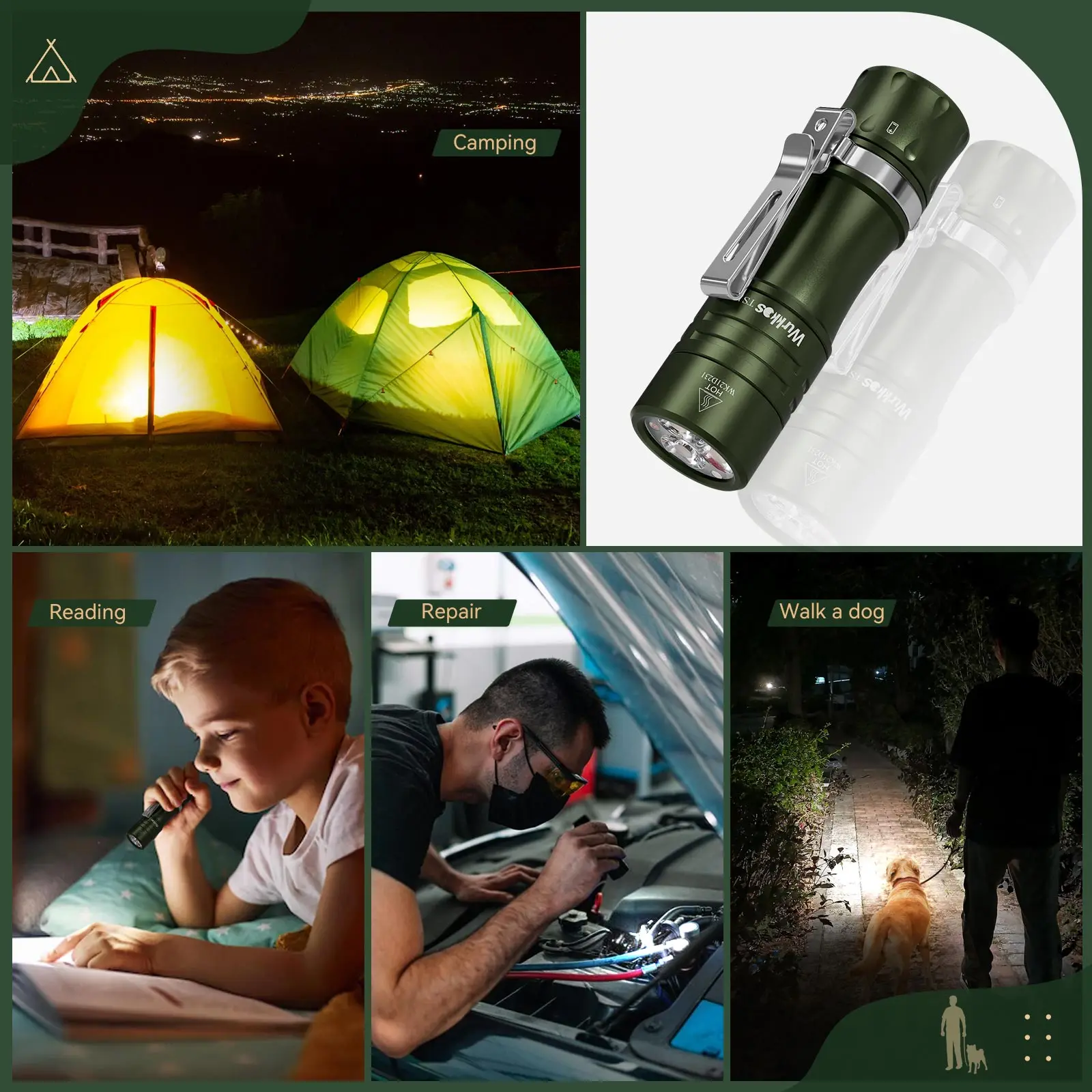 Wurkkos Green Powerful Mini 14500 EDC Flashlight with 3* 90 CRI LEDs and Single Color Aux 1400LM Pocket Torch Anduril 2.0 IP68 images - 6