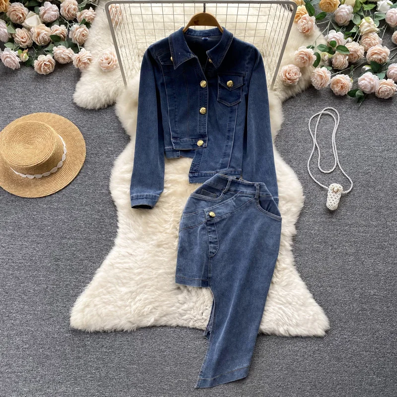 

Женская винтажная джинсовая юбка Amolapha с отложным воротником и асимметричным пакетом