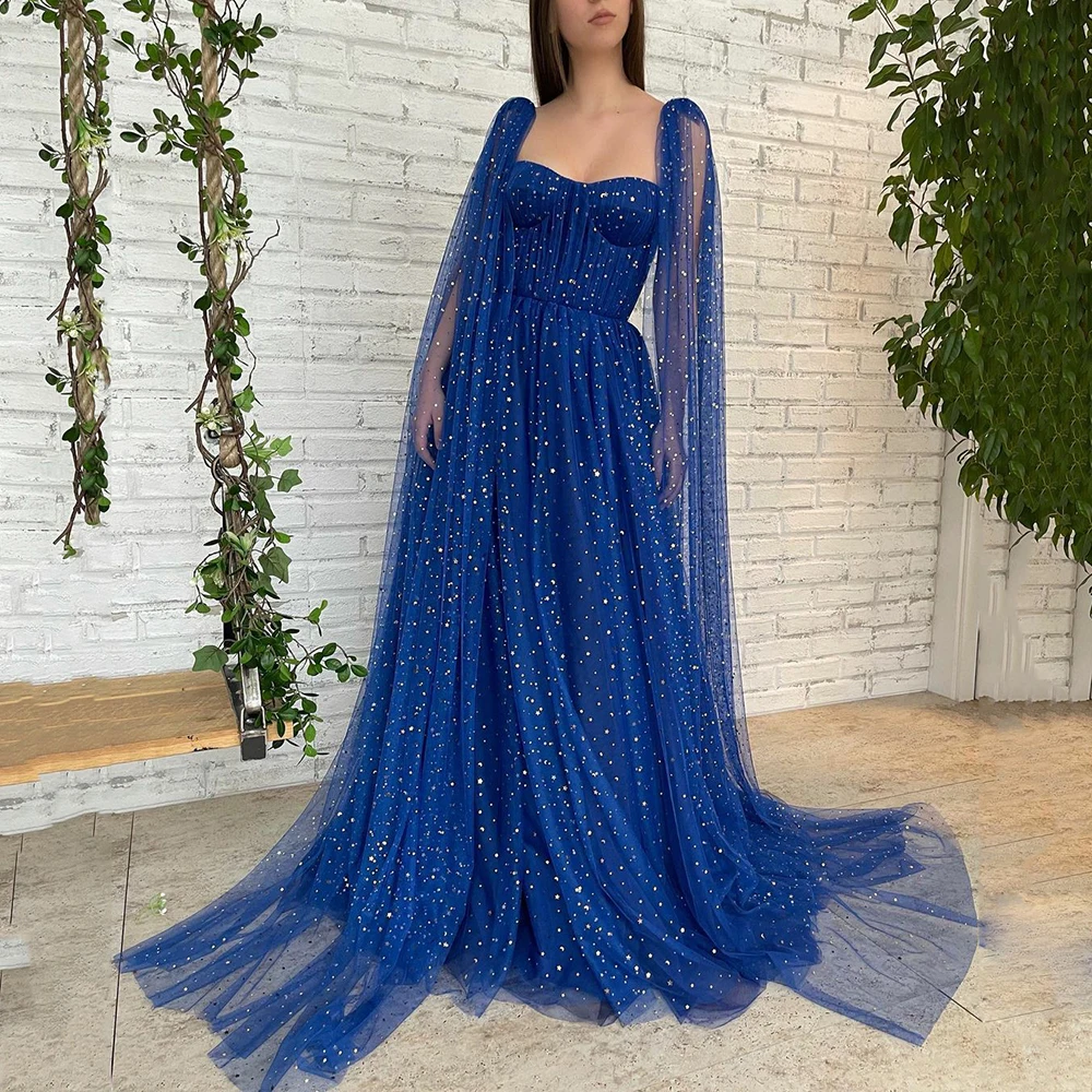 Купи UZN Royal Blue Fashion Sequined Tulle Prom Dress Sweetheart Long Wing Sleeves Evening Dress Party Dress Robe de bal за 5,021 рублей в магазине AliExpress