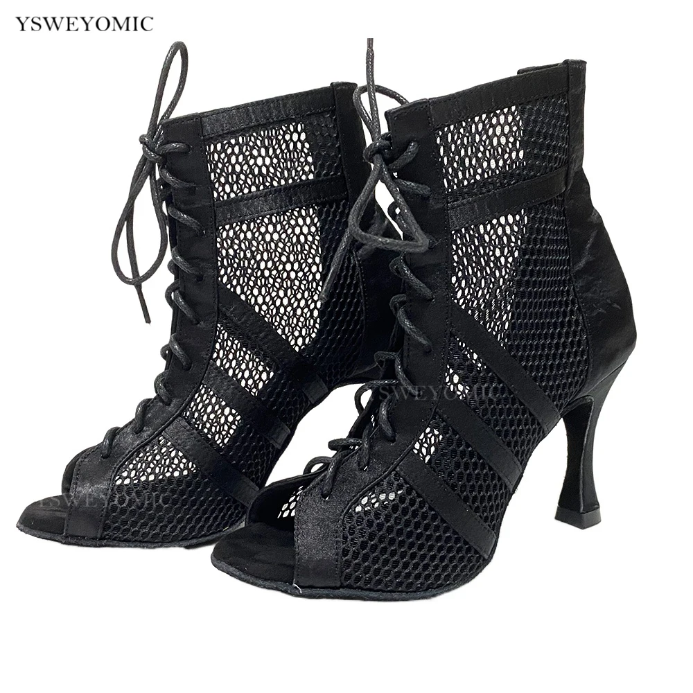 Open Front Dance Booties Satin Latin Dance Shoes Suit for narrow Foot Salsa Ballroom Dance Shoes 2022 Black Social Dance Shoes
