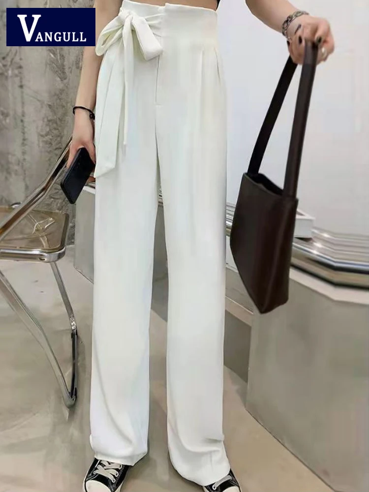 

Vangull Summer White Wide Leg Pants Women High Waist Bow Solid Streetwear Thin Pants Female Loose Lace Up Ladies Suit Trousers