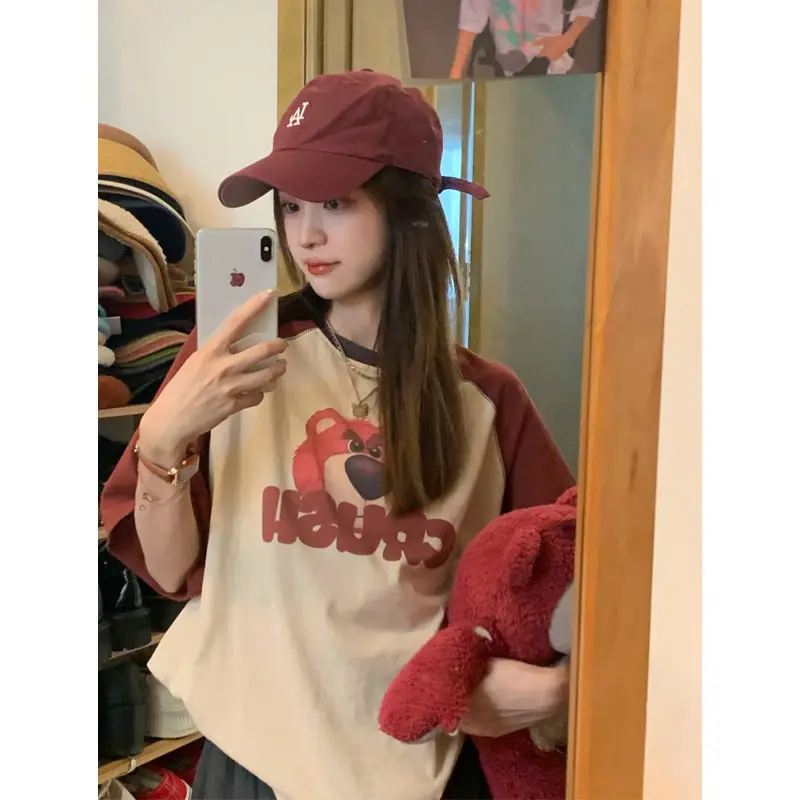 

2022 Summer New Color Matching Contrast Color Loose and Thin Raglan Sleeves Cute Strawberry Bear Print T-shirt Women