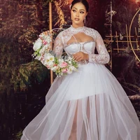 2023 White Wedding Gown for Bride Aso Ebi Bridal Robes High Neck Hollow Long Sleeve Lace Bridal Shower Dress Plus Size