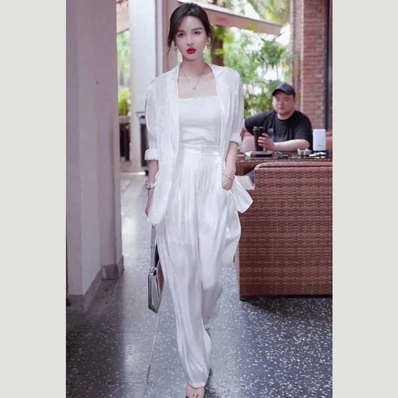 New White Blazer Suits Women Long Sleeve V Neck Autumn, Capable, Elegant And Fashionable High-end Wide Leg Pants Two Piece Set