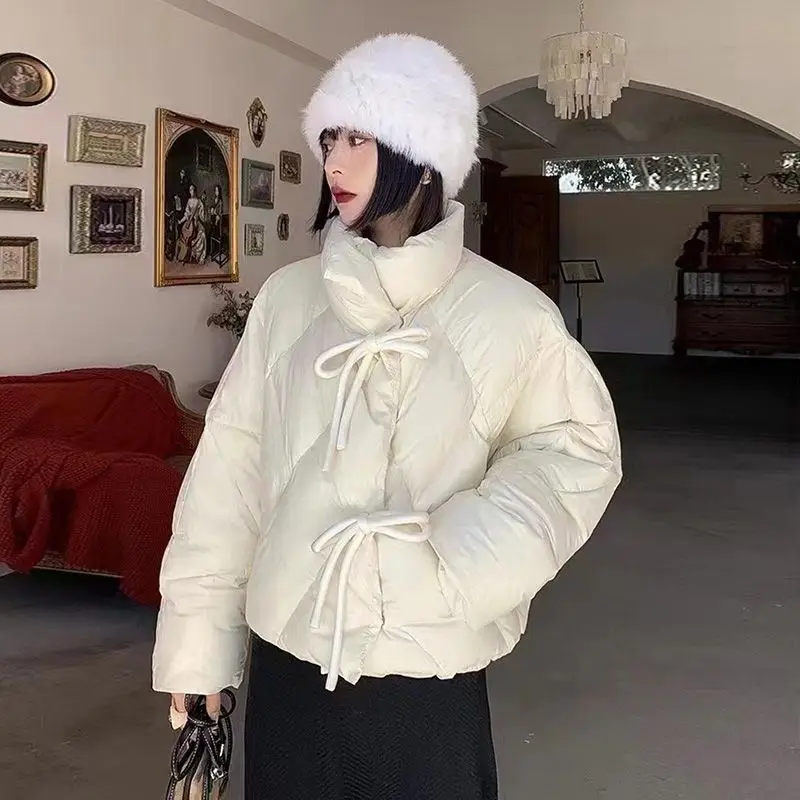 Women White Duck Down Loose Jackets 2023 New Winter Korean Style Solid Loose Casual Fashion Long Sleeve Coats Outwear C75