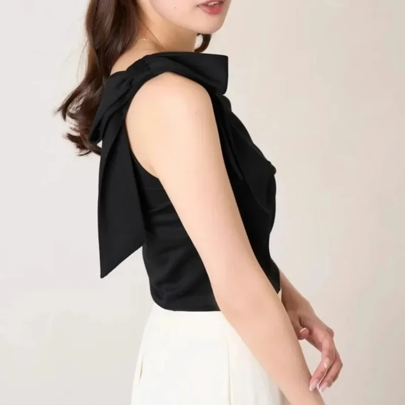 Женская рубашка с открытыми плечами необычная блузка бантом и