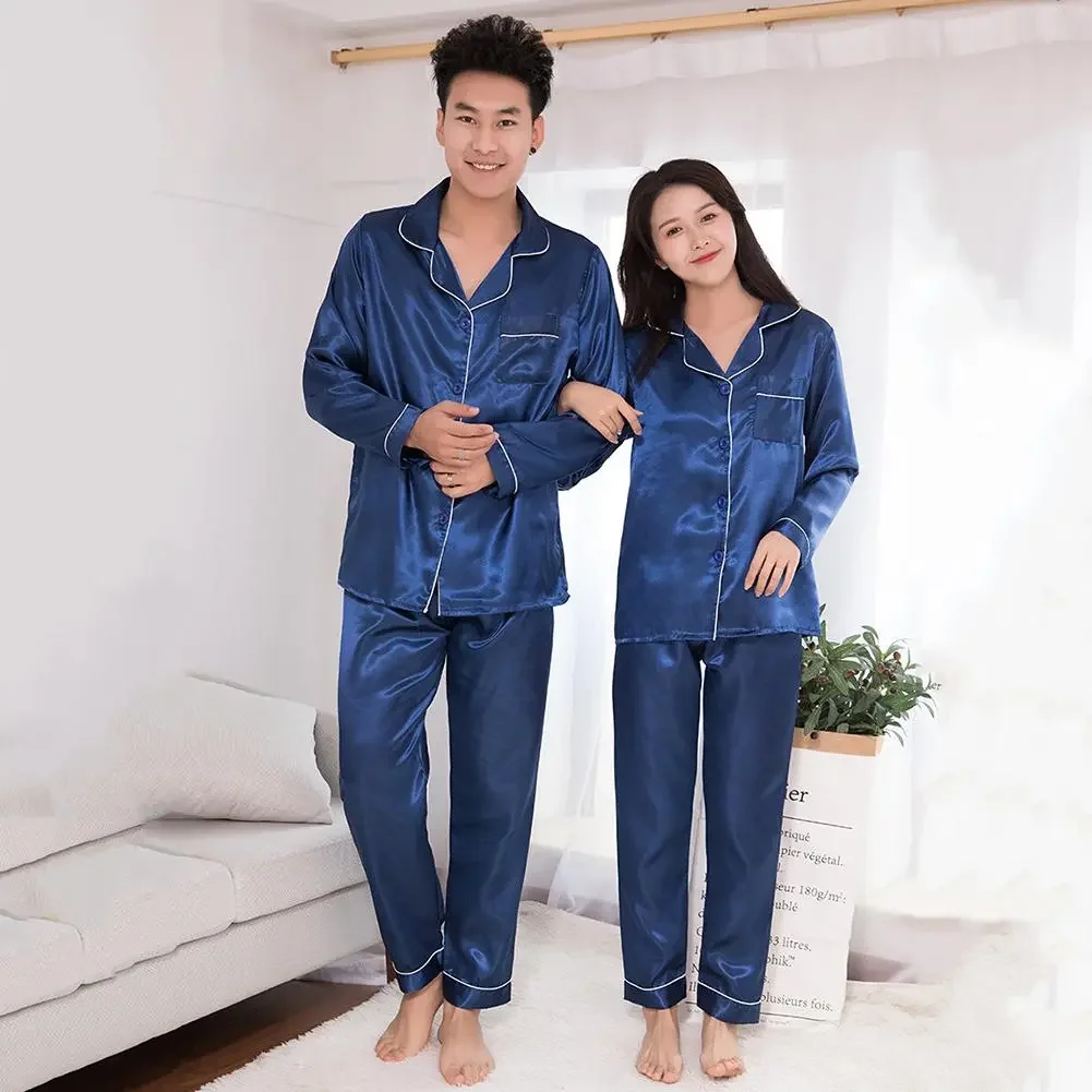 Silk Satin Pajamas Set Couples Solid Color Long Sleeve Sleepwear Suit Female Sleep Two Piece Set Loungewear
