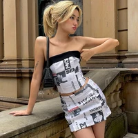 womens clothing 2022 y2k spring new newspaper 2 piece suit printed backless pin sexy club party suits breast wrap skirt set