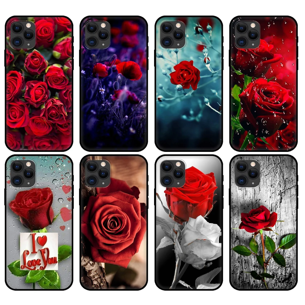 

Черный чехол из ТПУ для iphone 5 5s se 2020 6 6s 7 8 plus x 10 XR XS 11 12 mini pro MAX, задняя крышка с красными розами и цветами