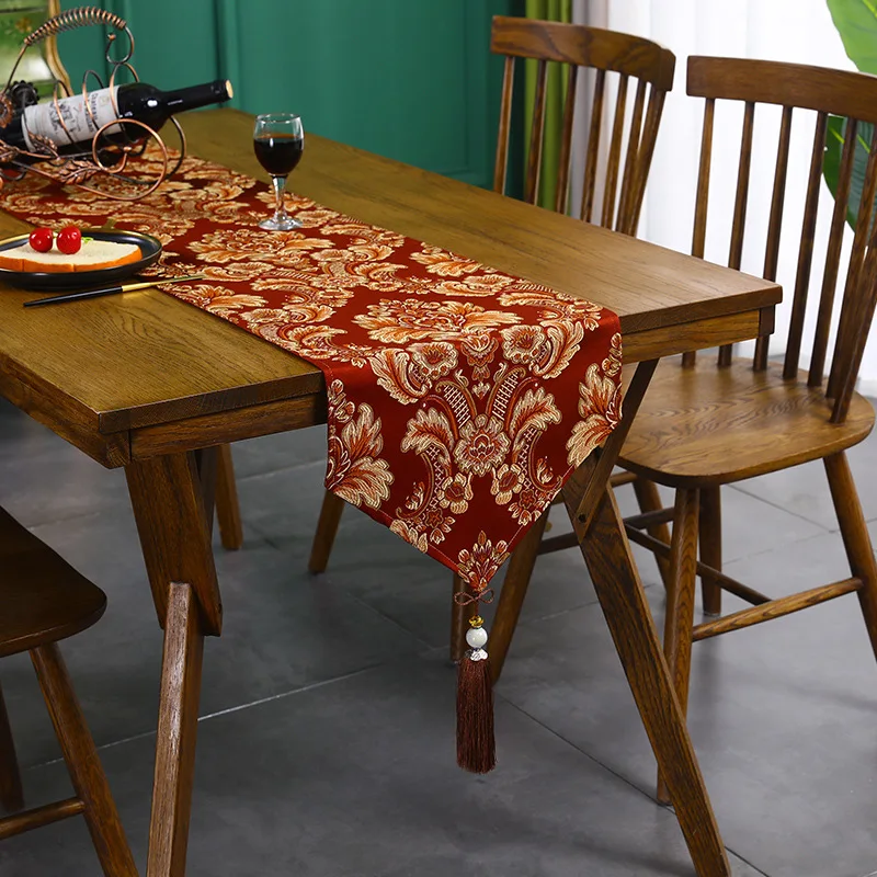 

Chinese Classical Table Runner Polyester Embroidery Fabric Dining Table Bar Counter Study Cabinet Tassel Pendant Long Table Flag