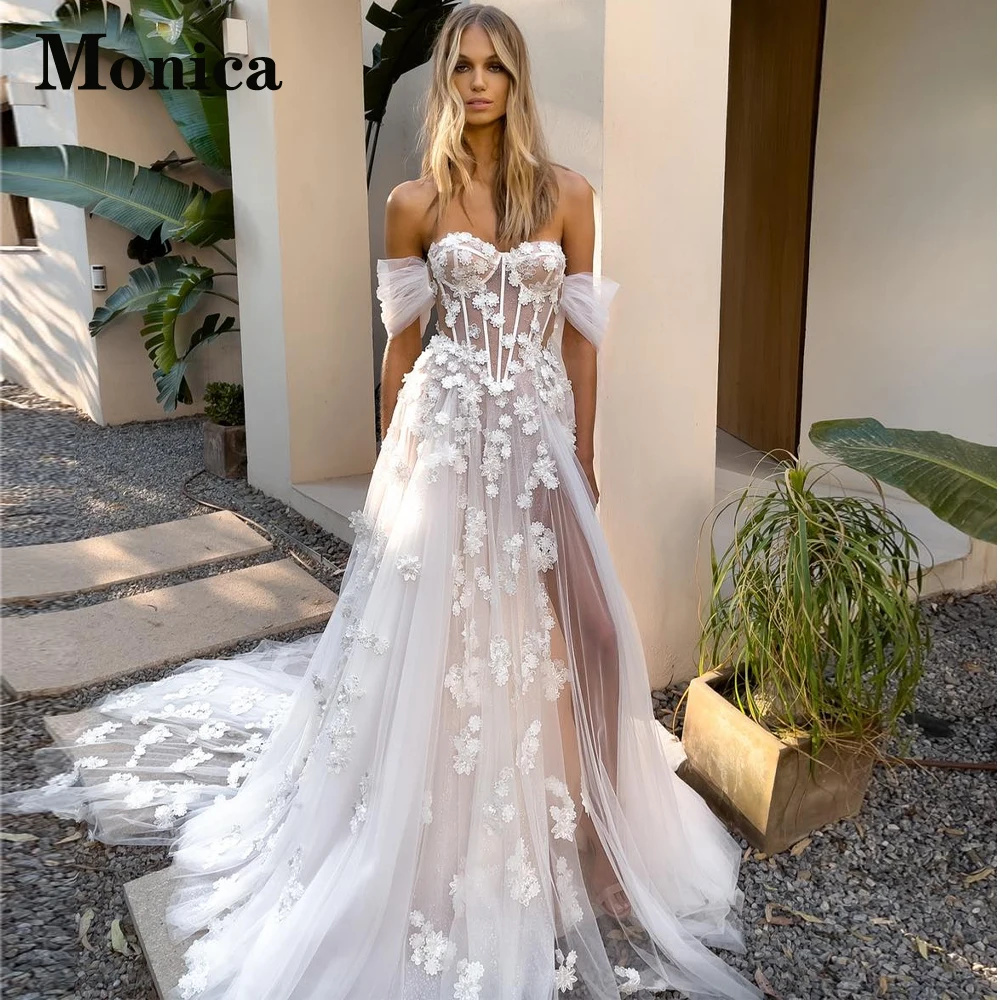 

MONICA Off The Shoulder Sweetheart Sleeveless Side Slit Wedding Dresses 2023 Bride Robe De Mariée Custom Made Floral Print Pleat