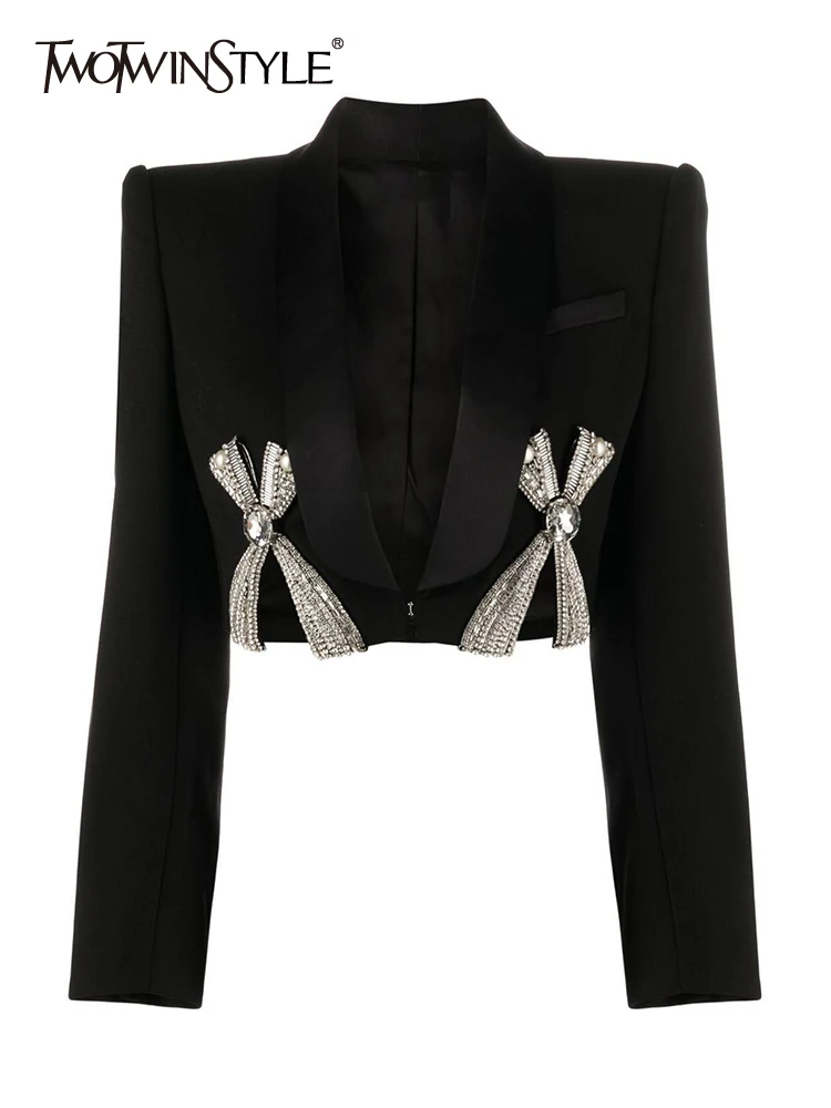

Женский блейзер TWOTWINSTYLE, с глубоким v-образным вырезом, длинным рукавом, в стиле пэчворк, с бриллиантами, с разрезом, на осень, новинка