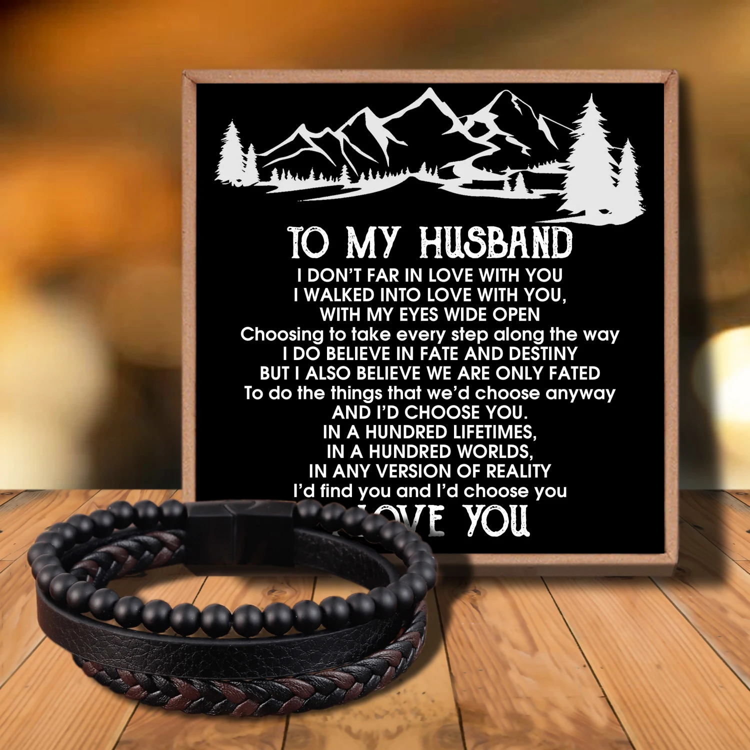 

Sba3607 To My Husband Mens Black Onyx Leather Bracelet, Handmade Natural Gemstone Triple Layer Bracelet, Loyalty Strength Anxiet