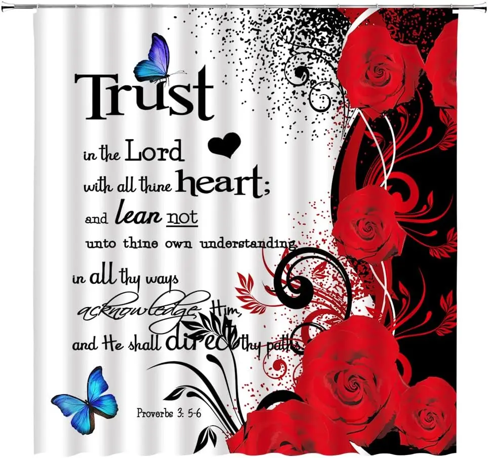 

Вдохновляющая цитата, занавеска для душа Trust in The Lord, мотивирующая пословица, Бабочка, роза, цветок, ткань, декор для ванной комнаты с крючками