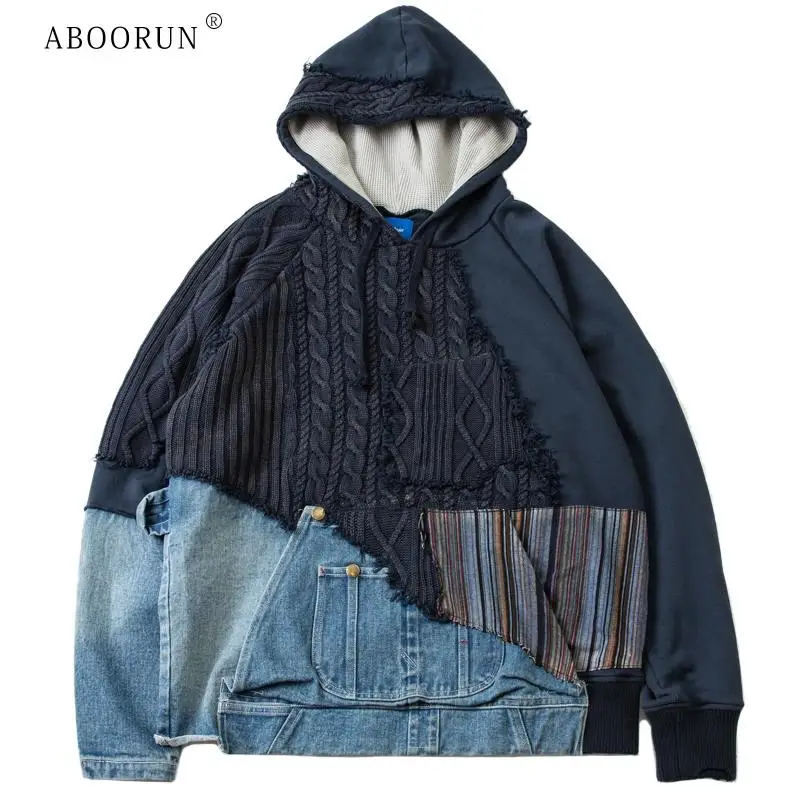 

ABOORUN Men's National Twist Sweater Patchwork Denim Jacket Streetwear Loose Cotton Jean Coat for Male