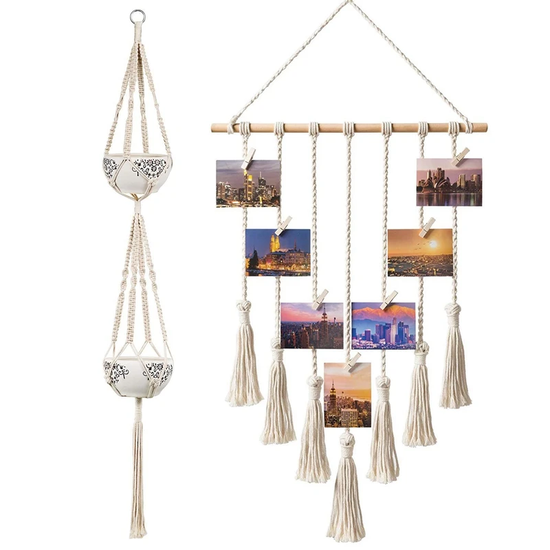 

Hanging Photo Display Macrame Wall Hanging Pictures , With 25 Wood Clips & Macrame Double Plant Hanger Indoor Outdoor 2 Tier Han