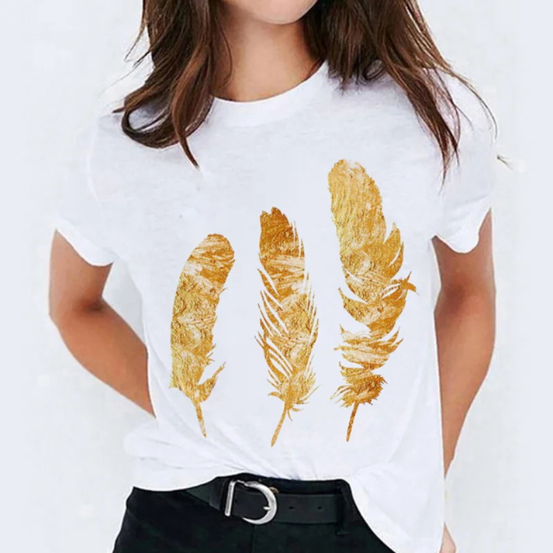 

Лидер продаж, женская футболка с коротким рукавом, модная футболка с рисунком в виде перьев, яркая Милая футболка с круглым вырезом для девушек