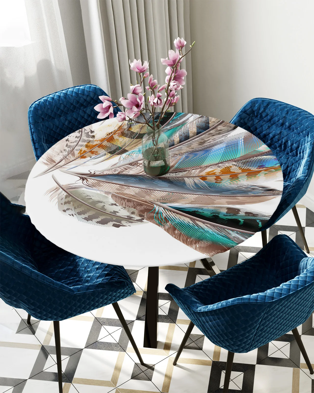 

Feather White Round Rectangular Table Cover Waterproof Elastic Tablecloth For Living Room Kitchen Table Cloth Home Decoration