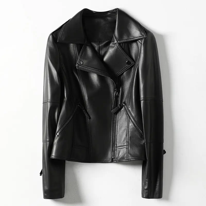 

Woman Real Loose Leather Jacket Female Loose Casual Biker Jackets Outerwear Ladies Tops Style Black Motor Leather Jacket G53