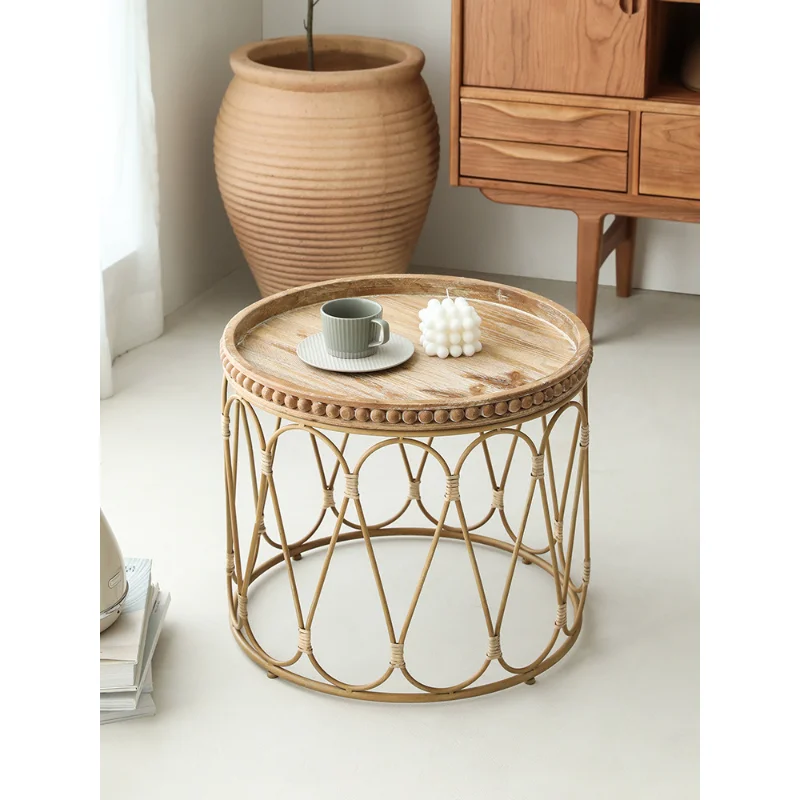 

Wear-resistant Rattan Round Tea Table Weaving Design Durable Nordic Modern Log Wood Furniture Rattan Small Tea Table