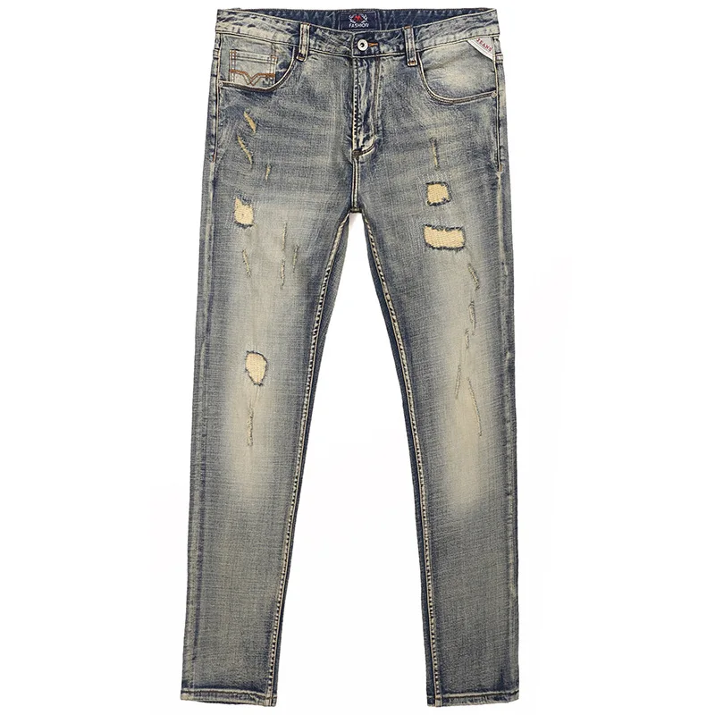 Джинсы мужские потертые зауженные эластичные с белыми отверстиями и нашивками