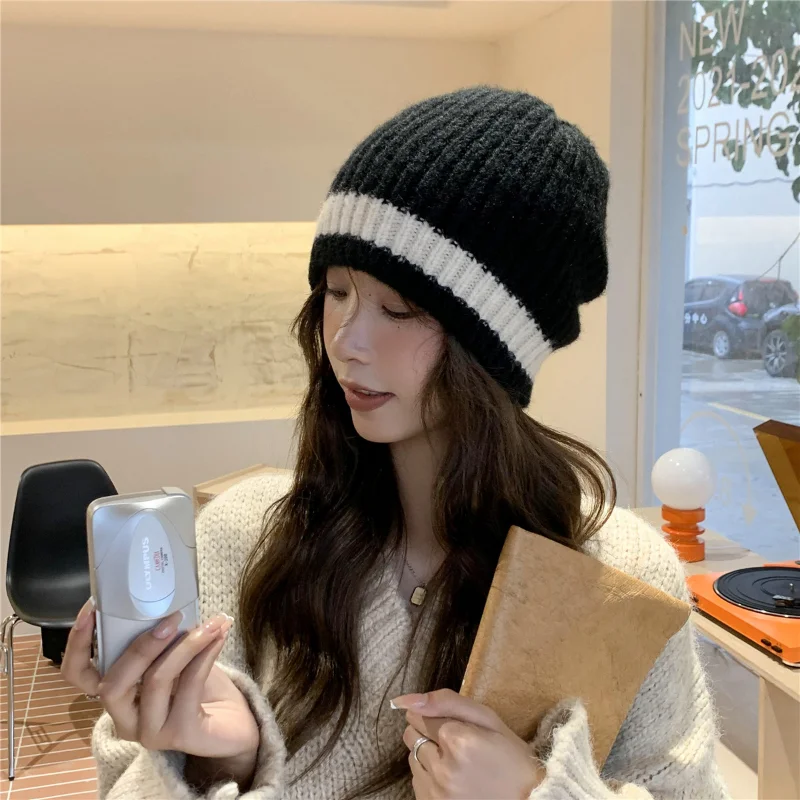 

Y2K Korea Striped Knitted Beanie Caps For Women Men Elasticity Windproof Warm Beanie Hats 2022 Autumn Winter Female Hat Gorras