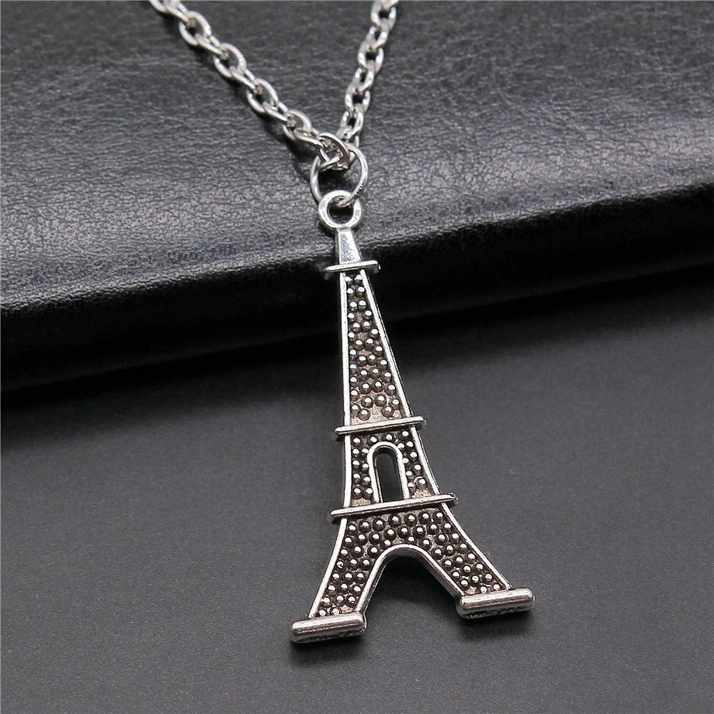 Мода Винтаж Серебряный цвет 41x20мм Подвеска Эйфелева башня на Длинной Цепочке.