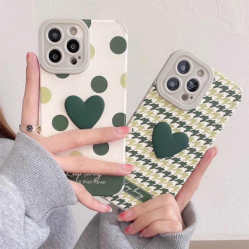 

Fashion Heart Decoration Phone Case For IPhone 13 12 Mini 11 Pro XS Max X XR 7 8 6 6S Plus Dot Houndstooth Pattern Green Cover