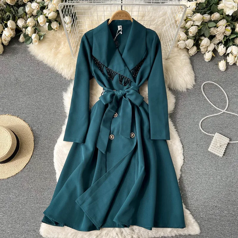 

Women's Beading Loose Oversized X-Long Trench Coat Double-Breasted Belted Lady Tassel Windbreaker Spring Fall Outerwear 2022 New