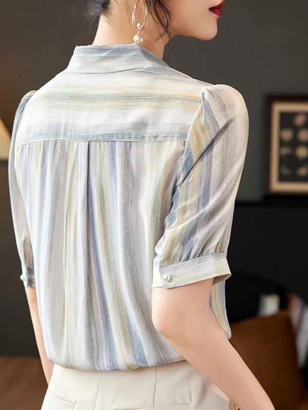 Элегантная рубашка BirdTree из 100% натурального шелка Женская Полосатая Рубашка С