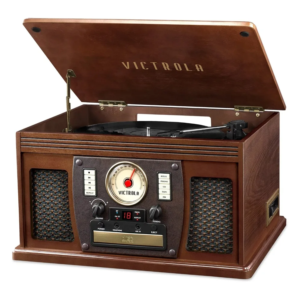 

7-in-1 Sherwood Bluetooth Recordable Record Player with 3-Speed Turntable, CD, Cassette Player and FM Radio
