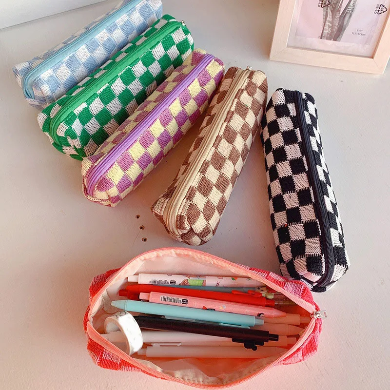 

Korean Lattice Knitted Women Cosmetic Toiletry Organizer for Girls Makeup Brushes Storage Bag Ins Checkerboard Pencil Pen Case