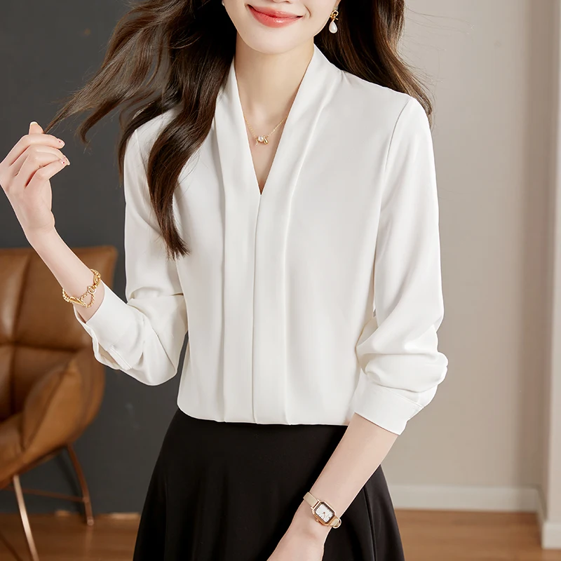 Модная женская блузка с длинным рукавом белая шифоновая v-образным вырезом