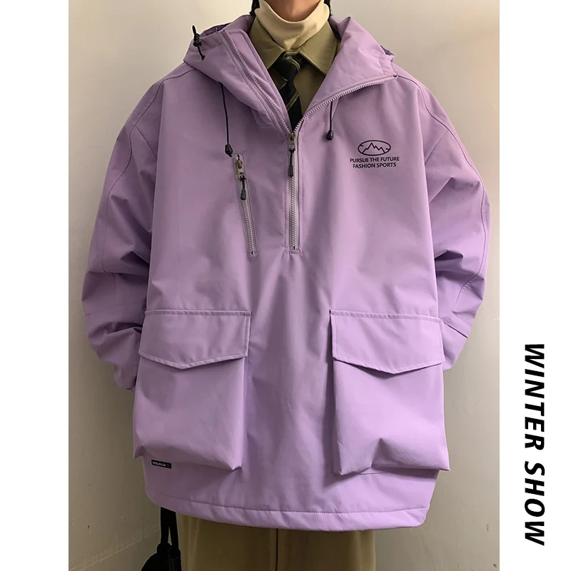 Privathinker Hooded Windproof Men's Jackets Pocket Warm Ski Suit Cotton Padded Unisex Thickened Coat Loose Fashion Male Parkas