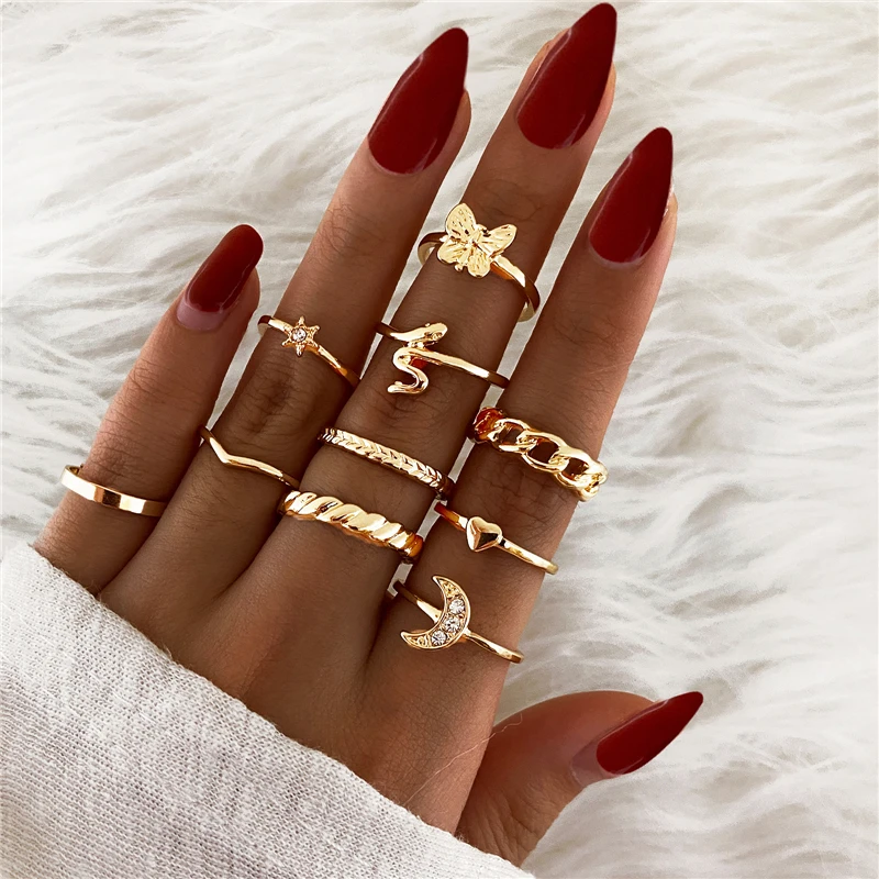 

Vintage Star Butterfly Heart 10 Piece Set Knuckle Rings Women Simple Jewelry