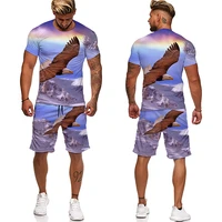 soaring eagle pattern 3d printing mens t shirt suit summer mens animal pattern fashion loose short sleeve shorts 2 piece set